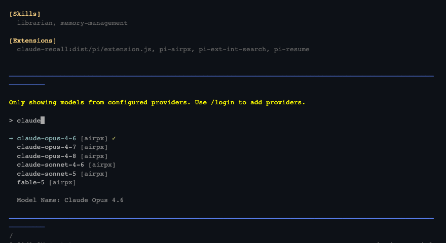 Pi /model picker showing airpx models